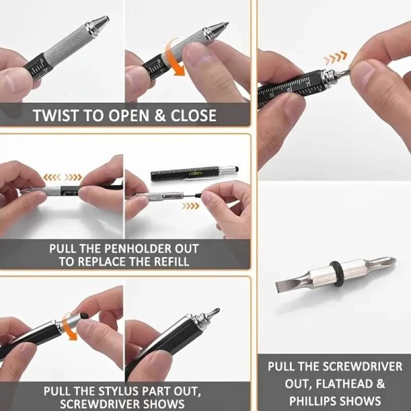 7 In 1 Tool Pen (stainless Steel Metal) Pen For Construction Tools, Gift Tool Pen, Multifunctional Technology Pen With Black Ballpoint Pen, Ruler, Handwriting Pen, Level, Screwdriver For Mens Gifts